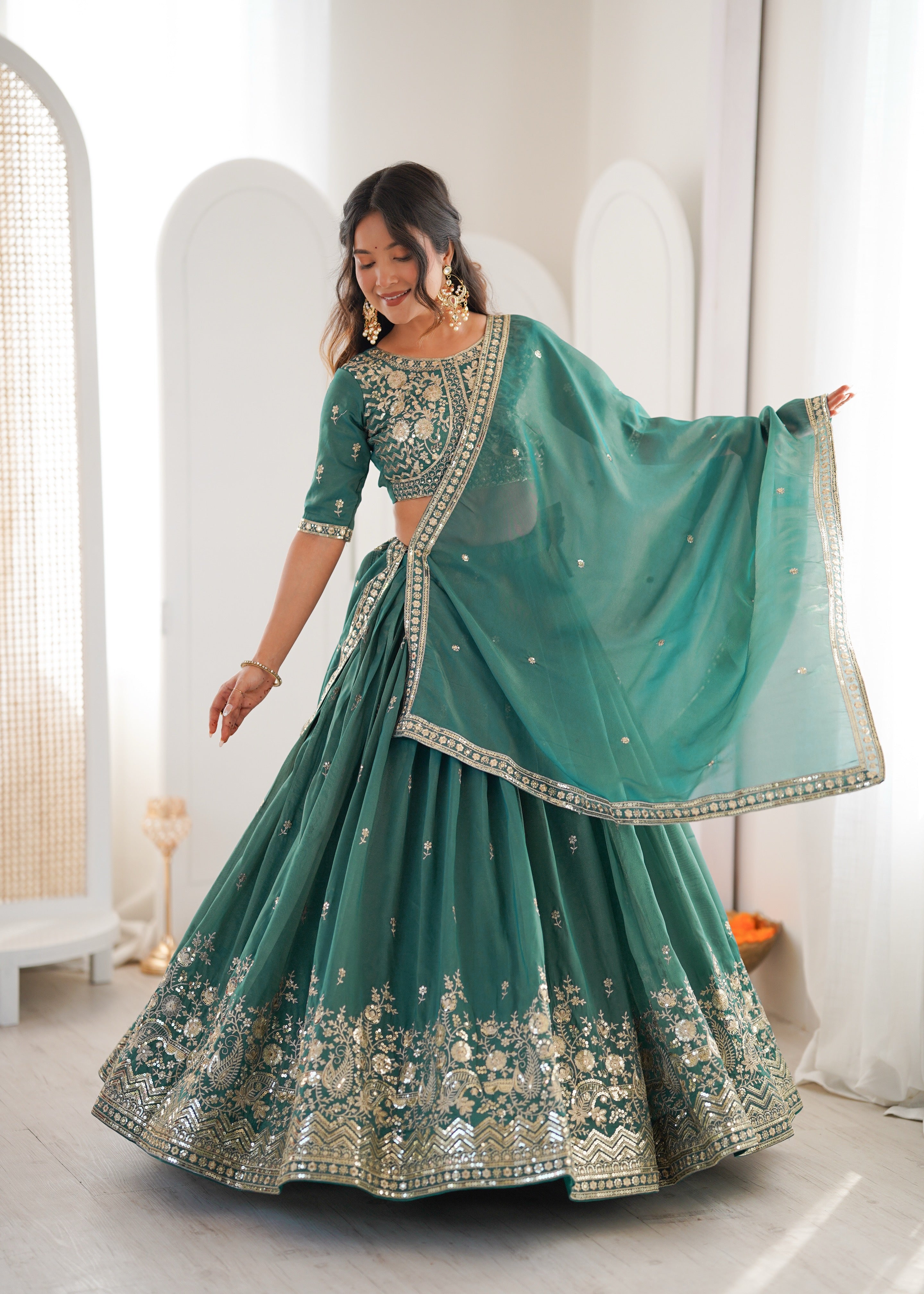 Sea Green Tussar Silk Lehenga Choli with Designer Dupatta | Festive & Wedding Wear
