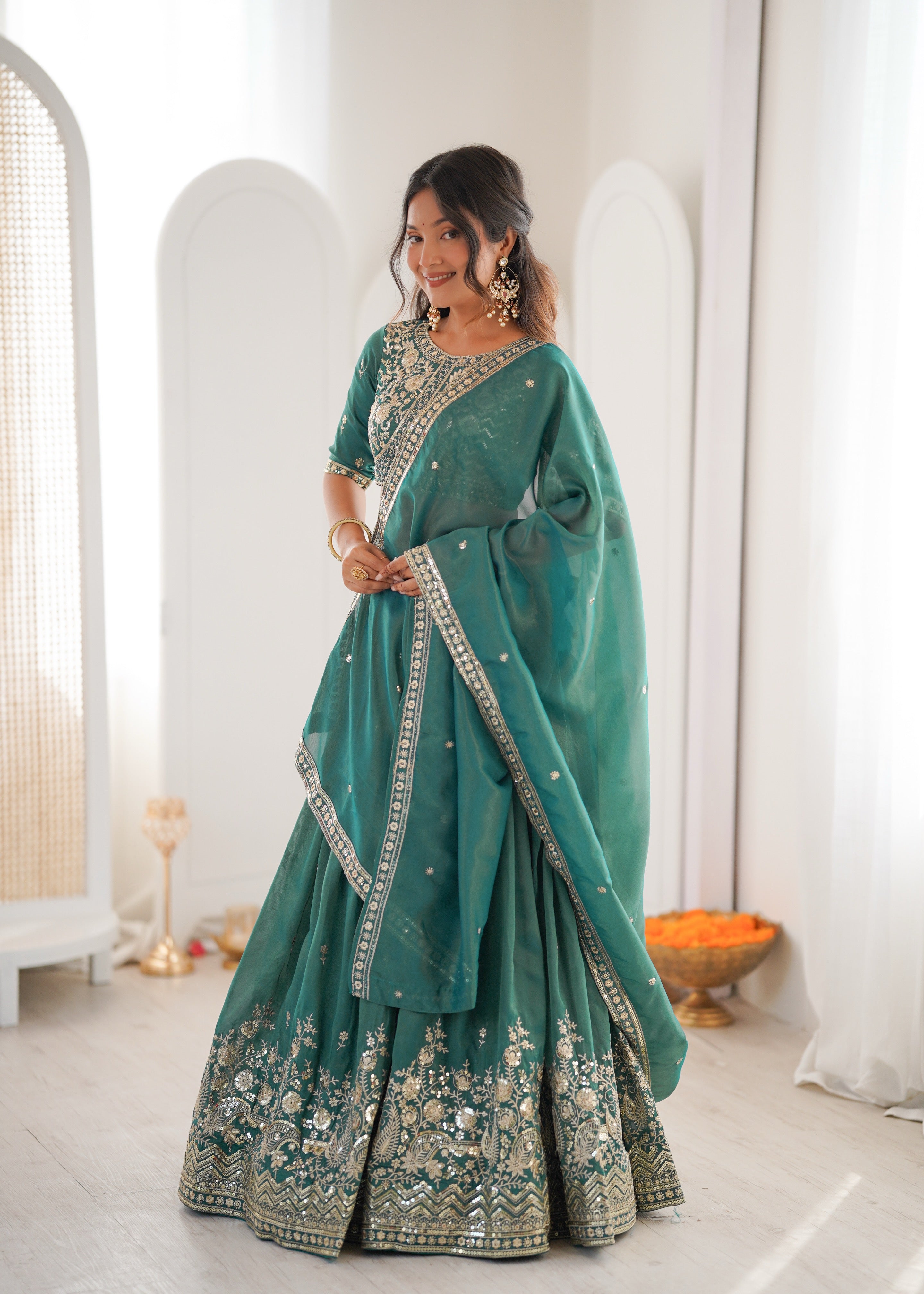 Sea Green Tussar Silk Lehenga Choli with Designer Dupatta | Festive & Wedding Wear