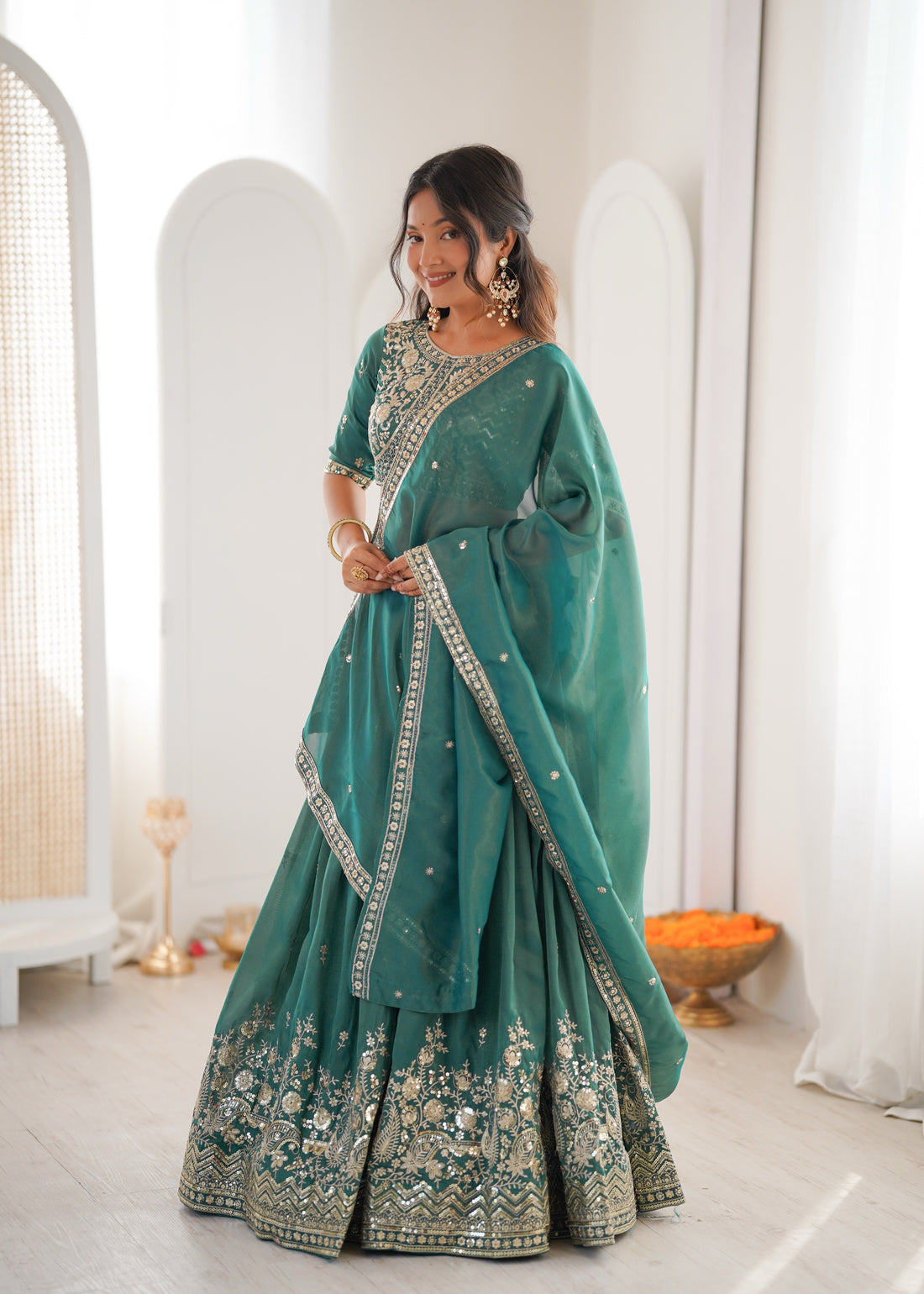 Sea Green Tussar Silk Lehenga Choli with Designer Dupatta | Festive & Wedding Wear