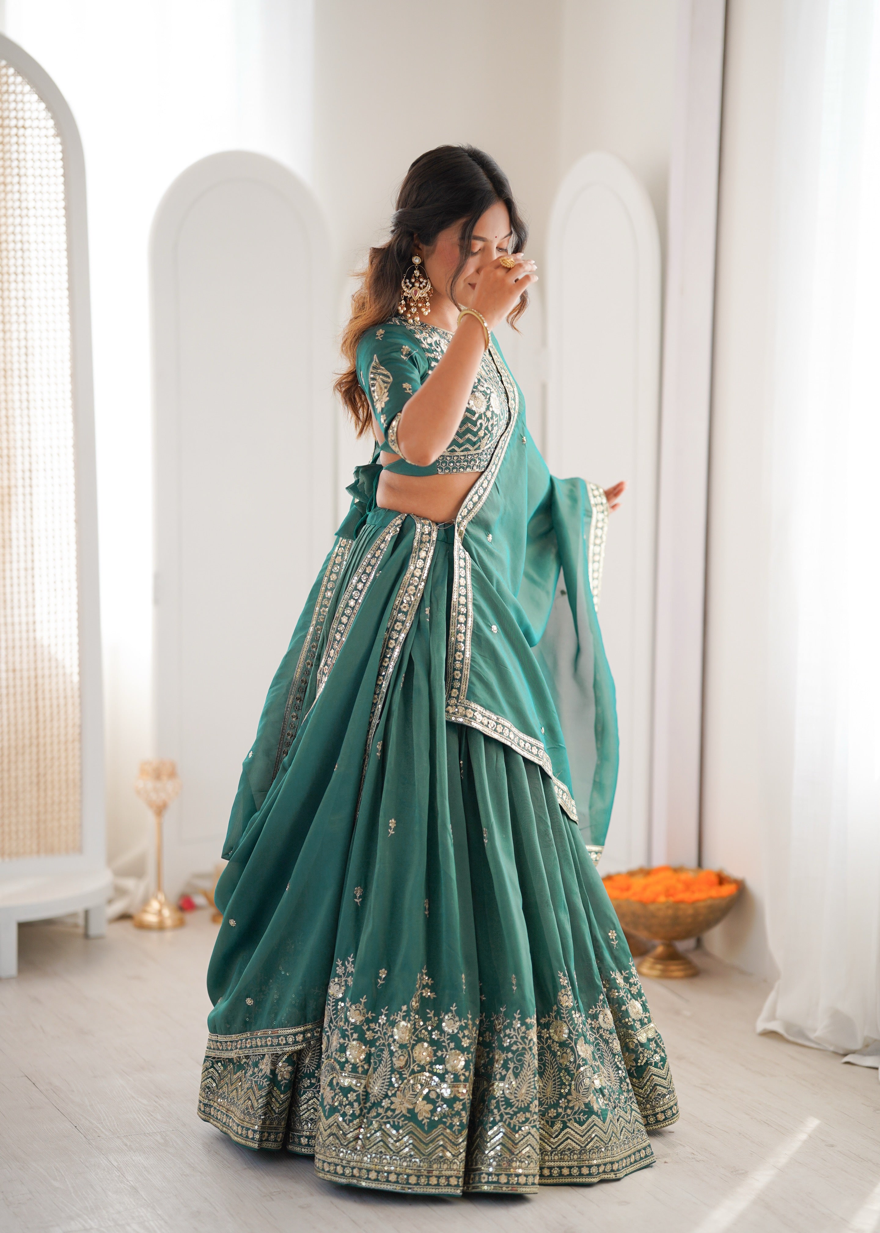 Sea Green Tussar Silk Lehenga Choli with Designer Dupatta | Festive & Wedding Wear