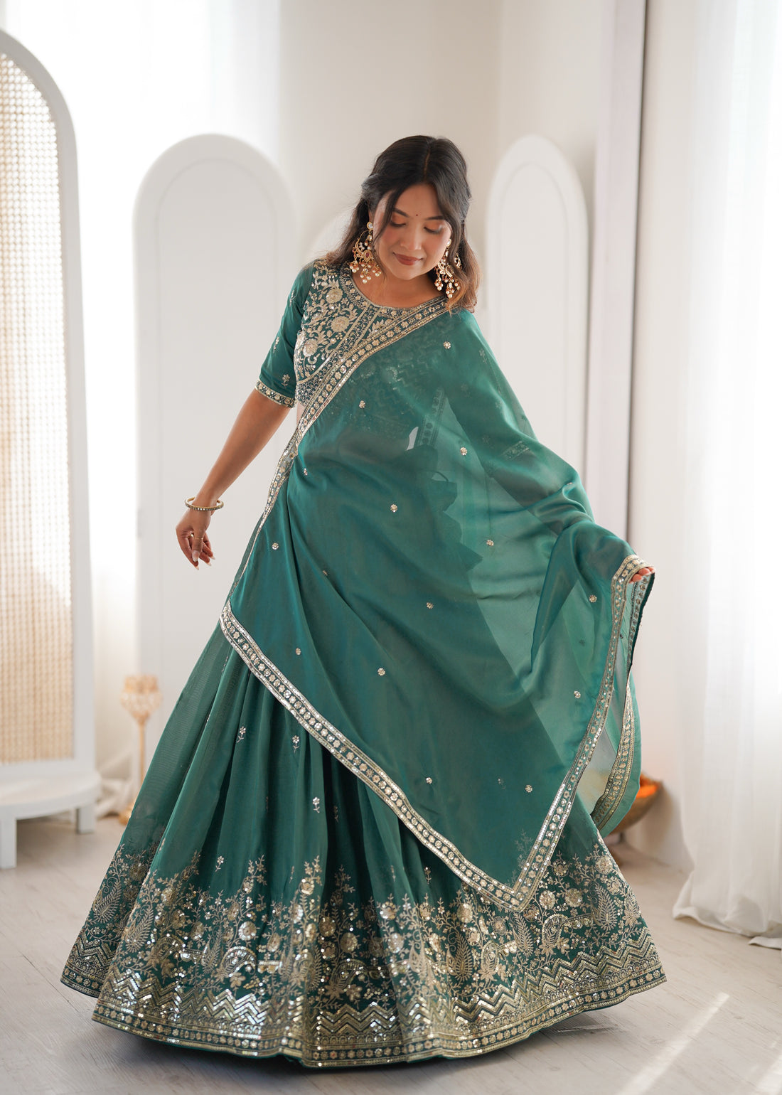 Sea Green Tussar Silk Lehenga Choli with Designer Dupatta | Festive & Wedding Wear
