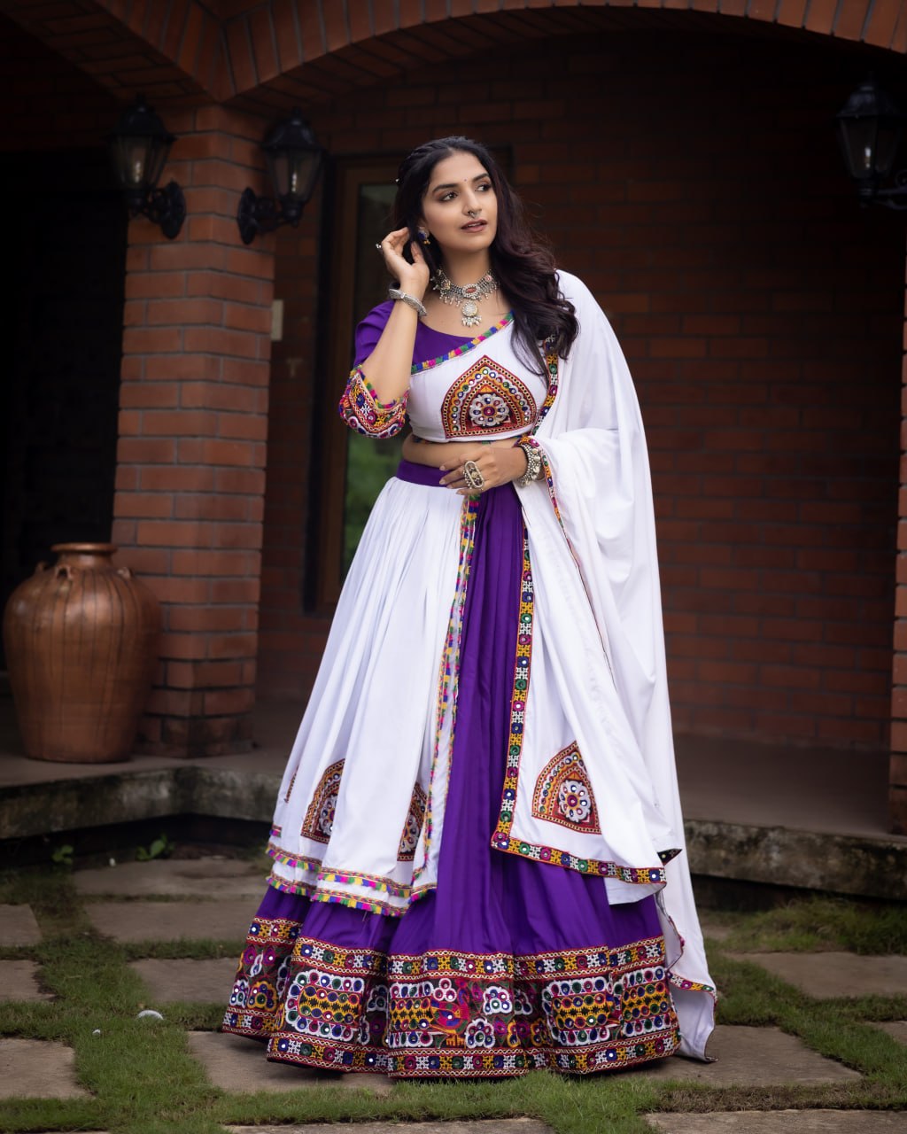 Women's Pure Rayon Cotton Purple Navratri Lehenga Choli Set with Gamthi Work, Mirror Work & Dupatta | Fully Stitched Garba Dress