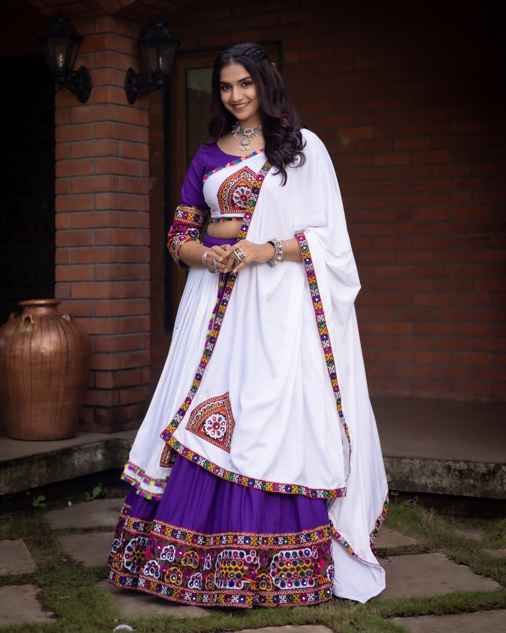 Women's Pure Rayon Cotton Purple Navratri Lehenga Choli Set with Gamthi Work, Mirror Work & Dupatta | Fully Stitched Garba Dress