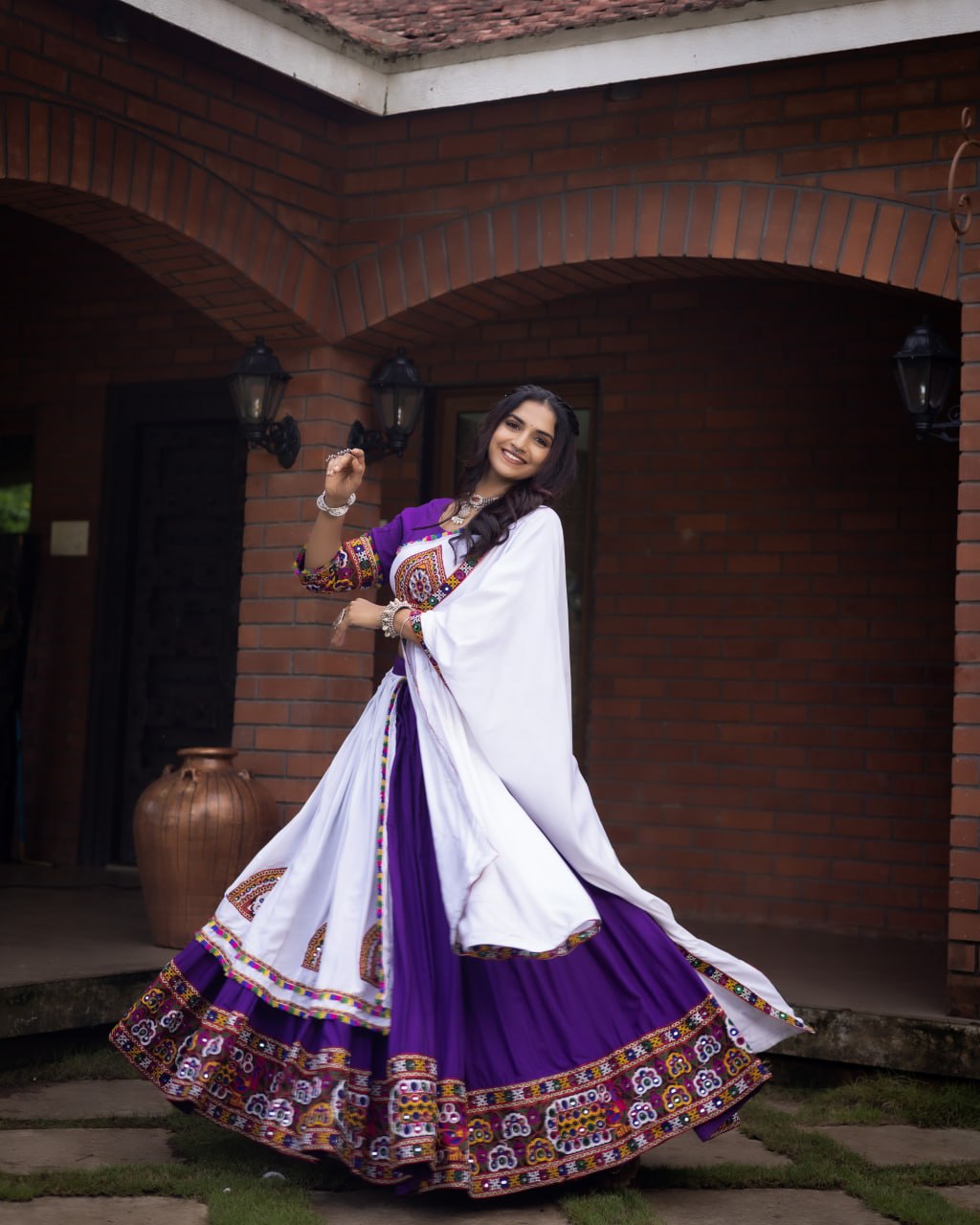 Women's Pure Rayon Cotton Purple Navratri Lehenga Choli Set with Gamthi Work, Mirror Work & Dupatta | Fully Stitched Garba Dress