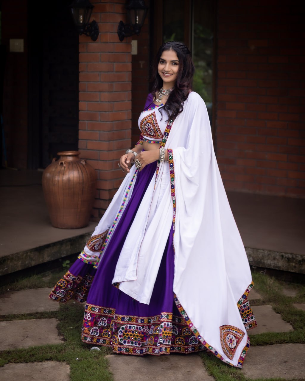 Women's Pure Rayon Cotton Purple Navratri Lehenga Choli Set with Gamthi Work, Mirror Work & Dupatta | Fully Stitched Garba Dress