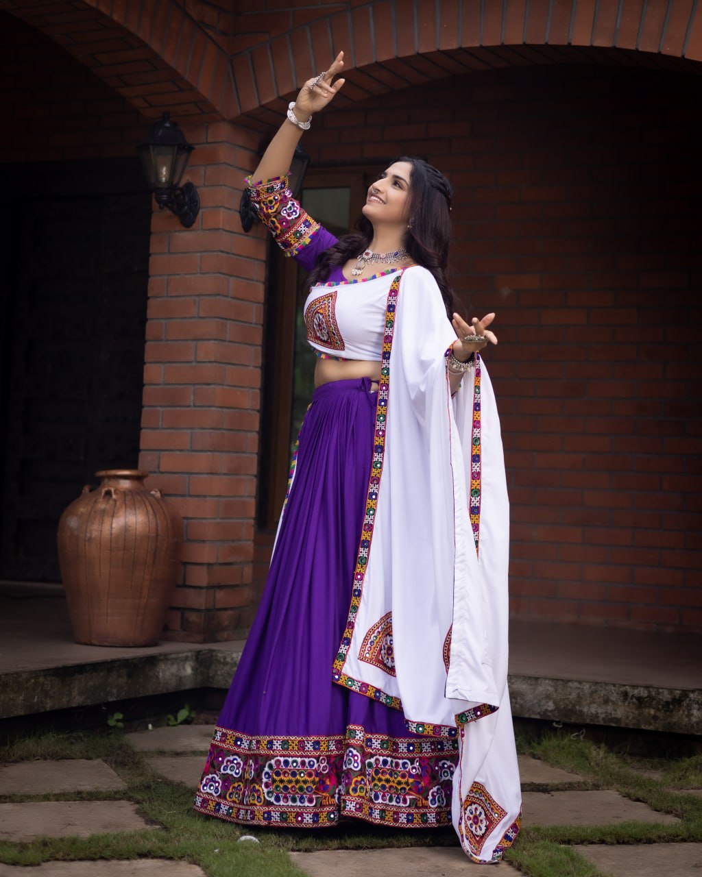 Women's Pure Rayon Cotton Purple Navratri Lehenga Choli Set with Gamthi Work, Mirror Work & Dupatta | Fully Stitched Garba Dress
