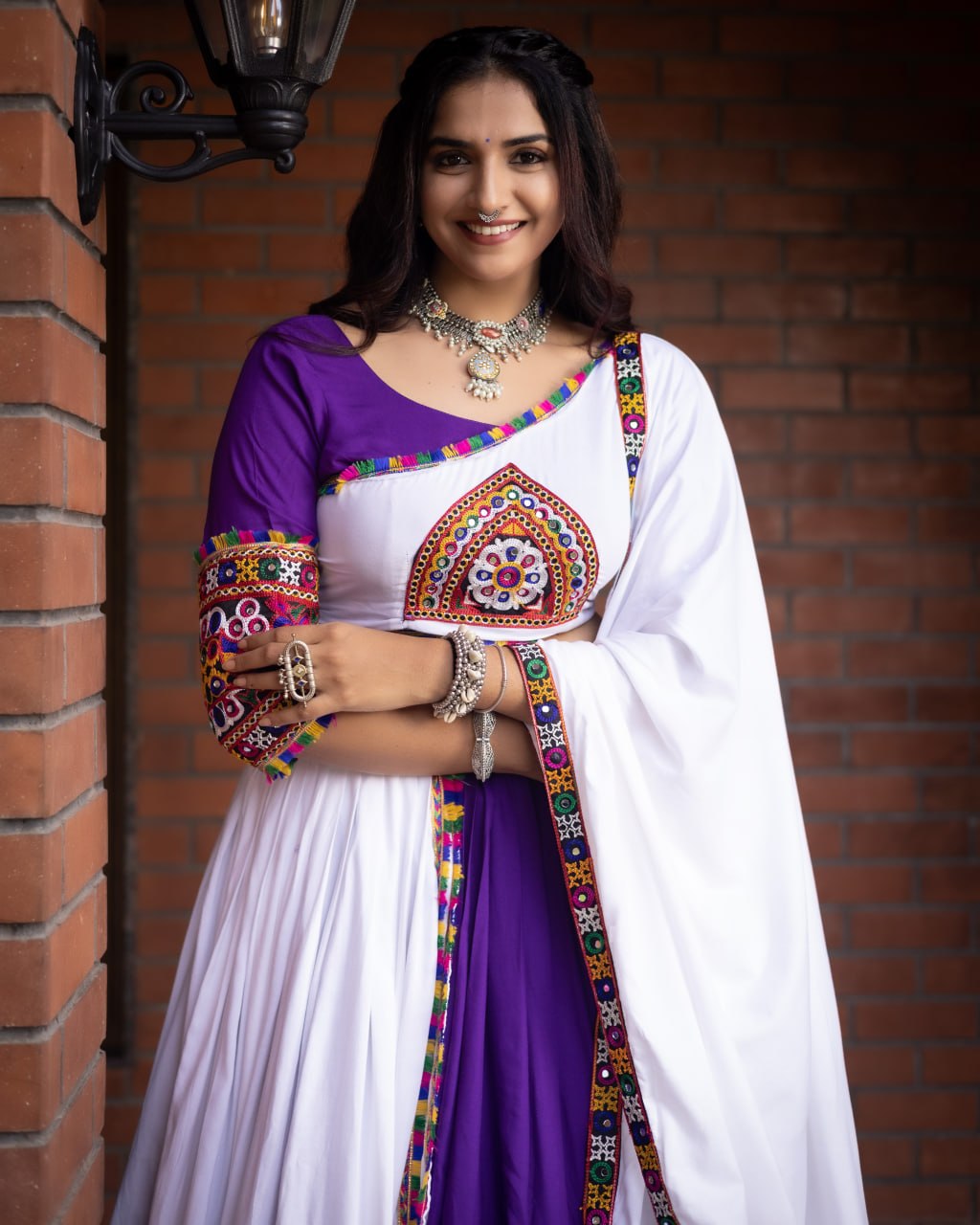 Women's Pure Rayon Cotton Purple Navratri Lehenga Choli Set with Gamthi Work, Mirror Work & Dupatta | Fully Stitched Garba Dress