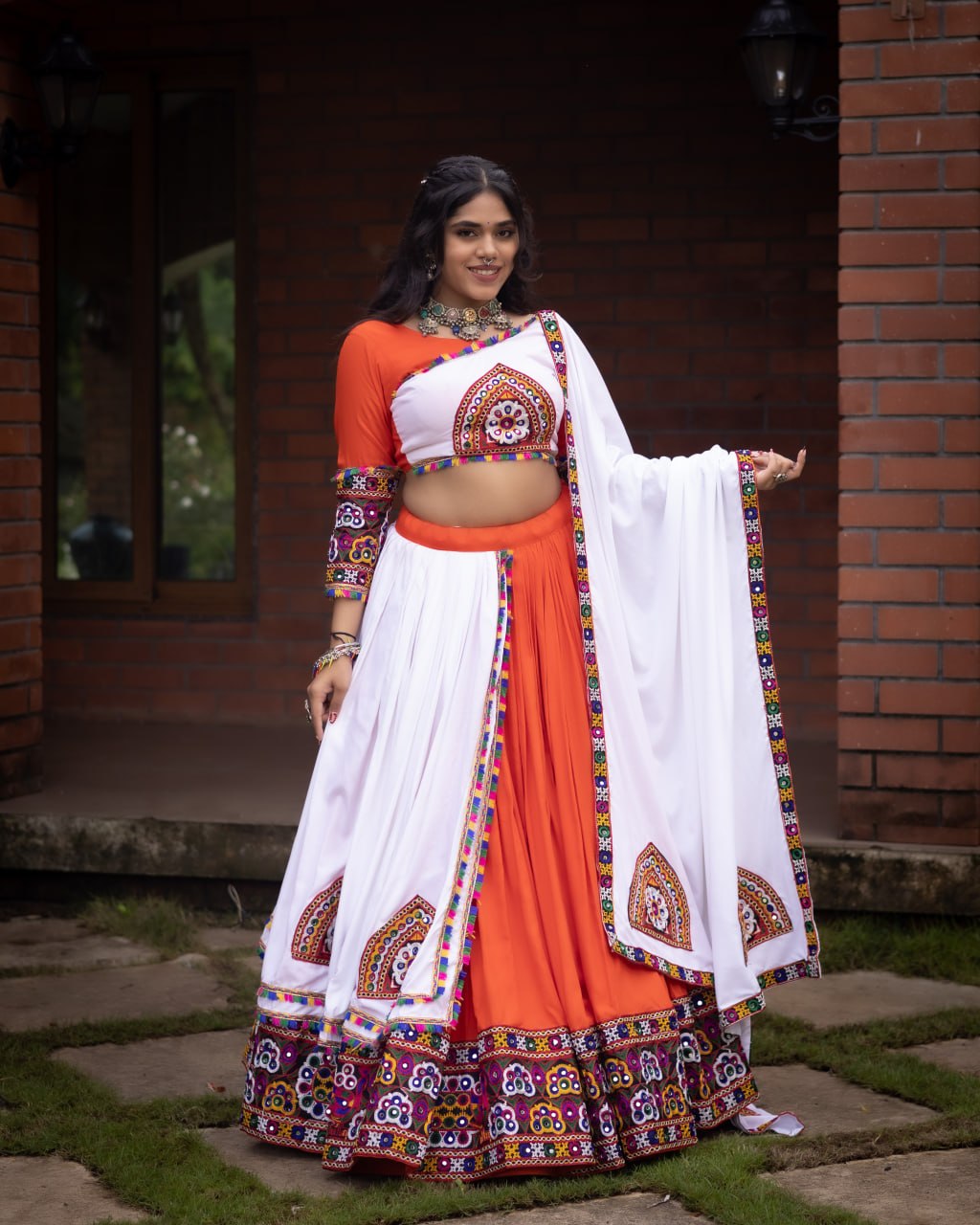 Women's Pure Rayon Cotton Navratri Lehenga Choli Set with Gamthi Work, Mirror Work & Dupatta | Fully Stitched Garba Dress
