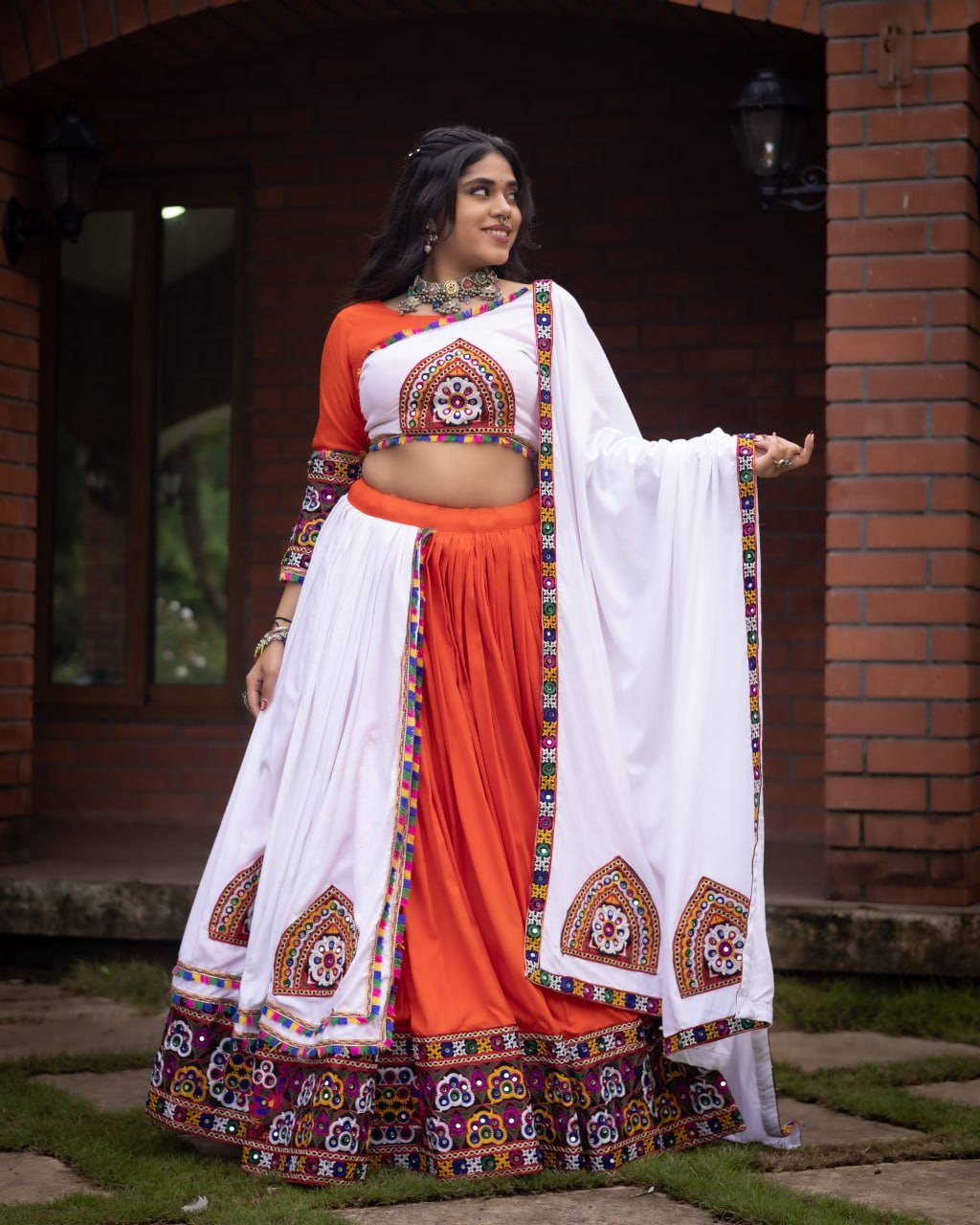 Women's Pure Rayon Cotton Navratri Lehenga Choli Set with Gamthi Work, Mirror Work & Dupatta | Fully Stitched Garba Dress