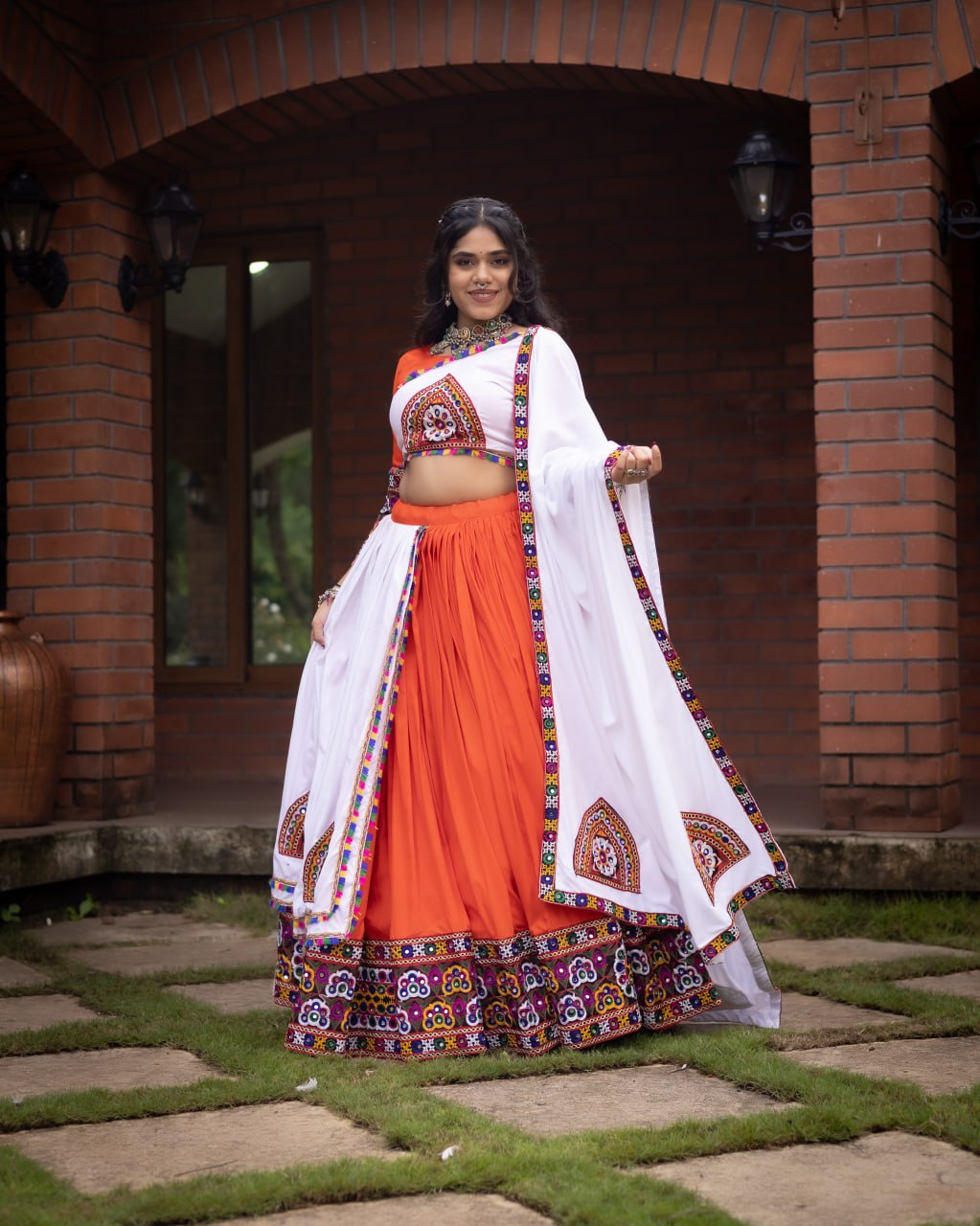 Women's Pure Rayon Cotton Navratri Lehenga Choli Set with Gamthi Work, Mirror Work & Dupatta | Fully Stitched Garba Dress