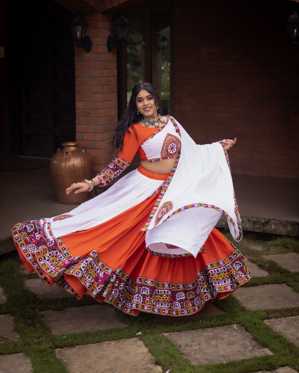 Women's Pure Rayon Cotton Navratri Lehenga Choli Set with Gamthi Work, Mirror Work & Dupatta | Fully Stitched Garba Dress