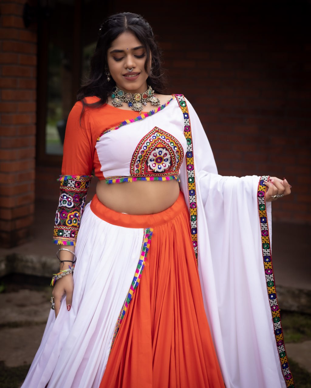 Women's Pure Rayon Cotton Navratri Lehenga Choli Set with Gamthi Work, Mirror Work & Dupatta | Fully Stitched Garba Dress