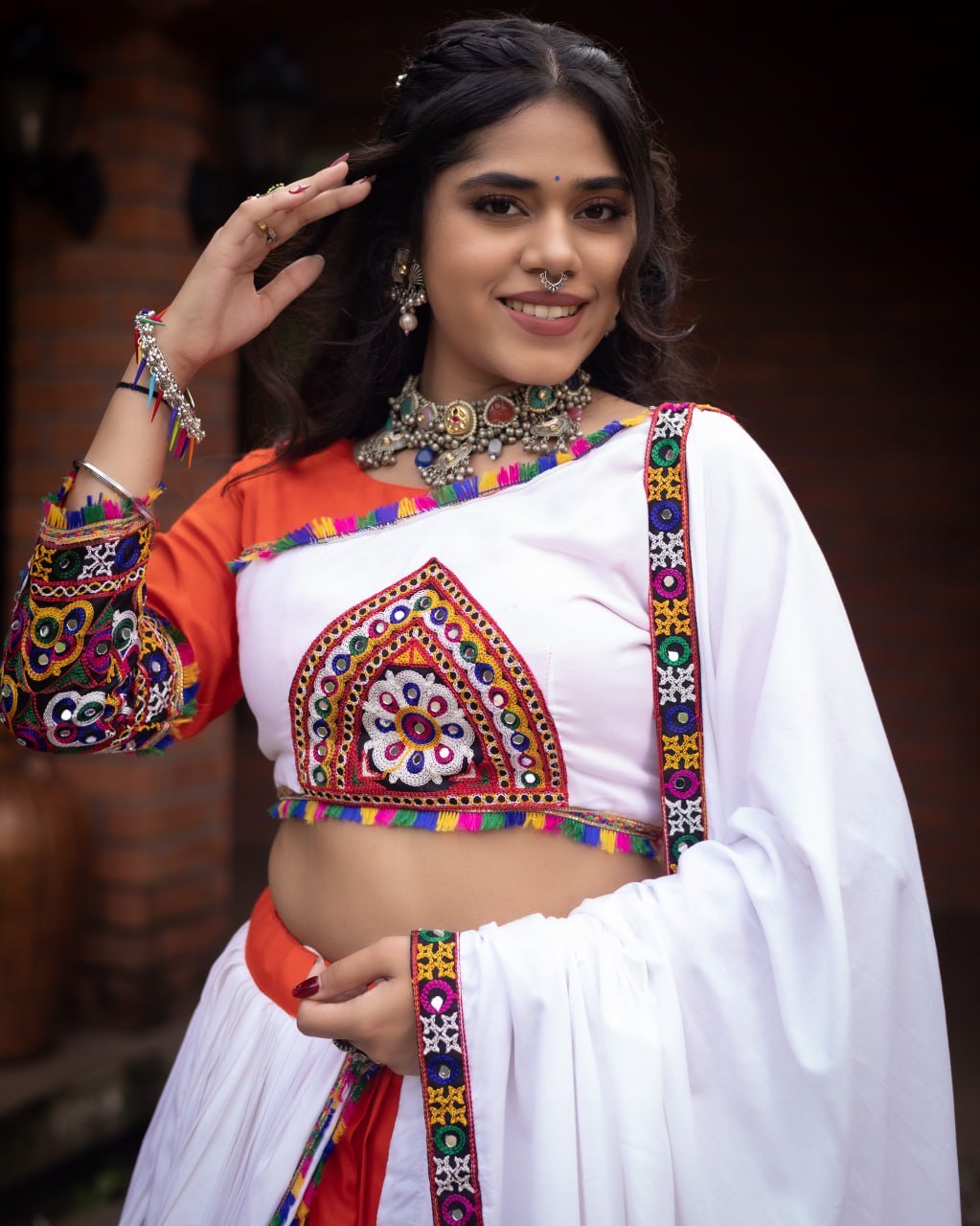 Women's Pure Rayon Cotton Navratri Lehenga Choli Set with Gamthi Work, Mirror Work & Dupatta | Fully Stitched Garba Dress