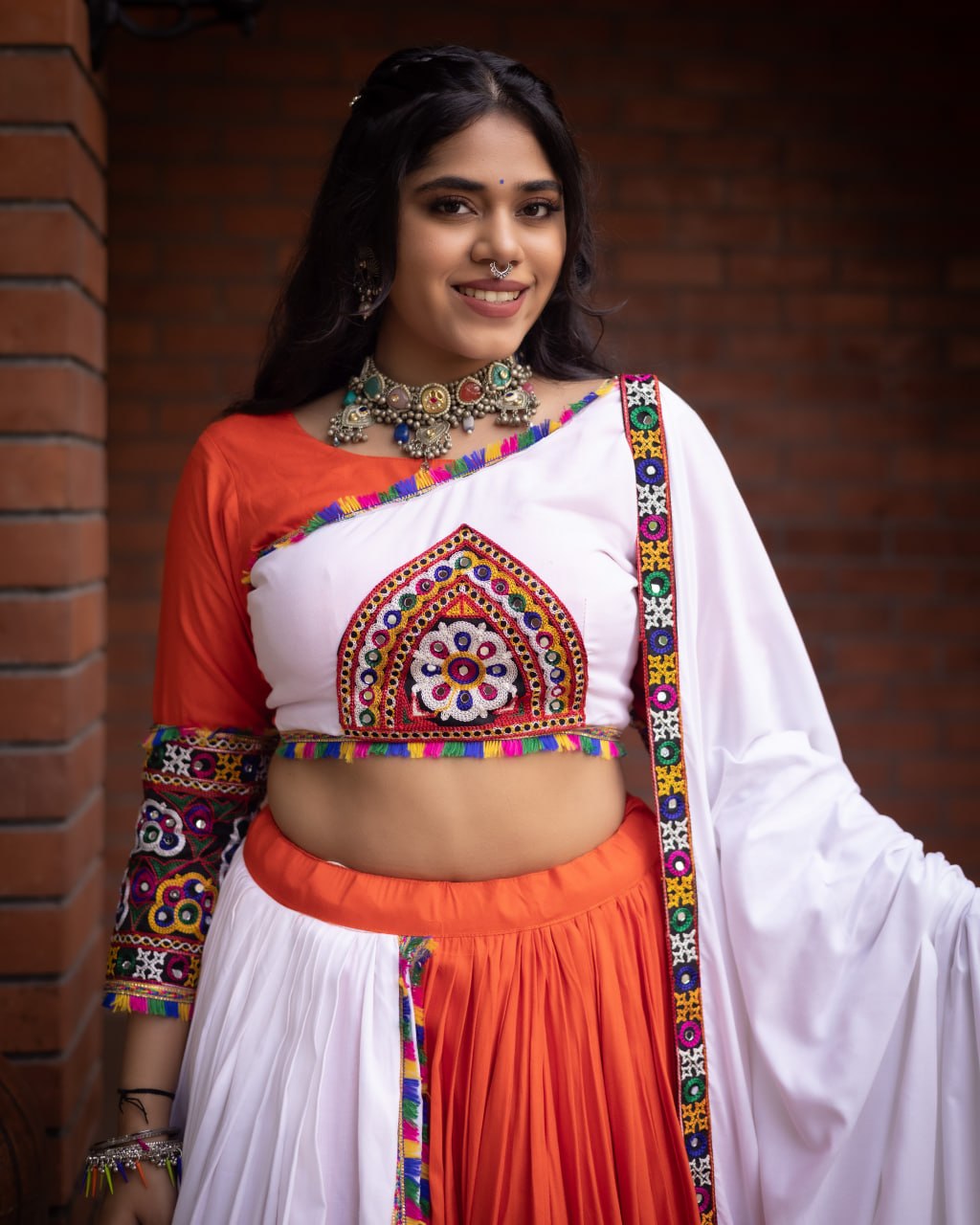 Women's Pure Rayon Cotton Navratri Lehenga Choli Set with Gamthi Work, Mirror Work & Dupatta | Fully Stitched Garba Dress