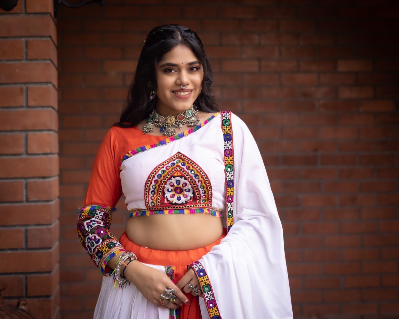 Women's Pure Rayon Cotton Navratri Lehenga Choli Set with Gamthi Work, Mirror Work & Dupatta | Fully Stitched Garba Dress