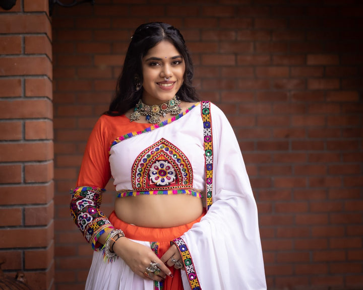 Women's Pure Rayon Cotton Navratri Lehenga Choli Set with Gamthi Work, Mirror Work & Dupatta | Fully Stitched Garba Dress
