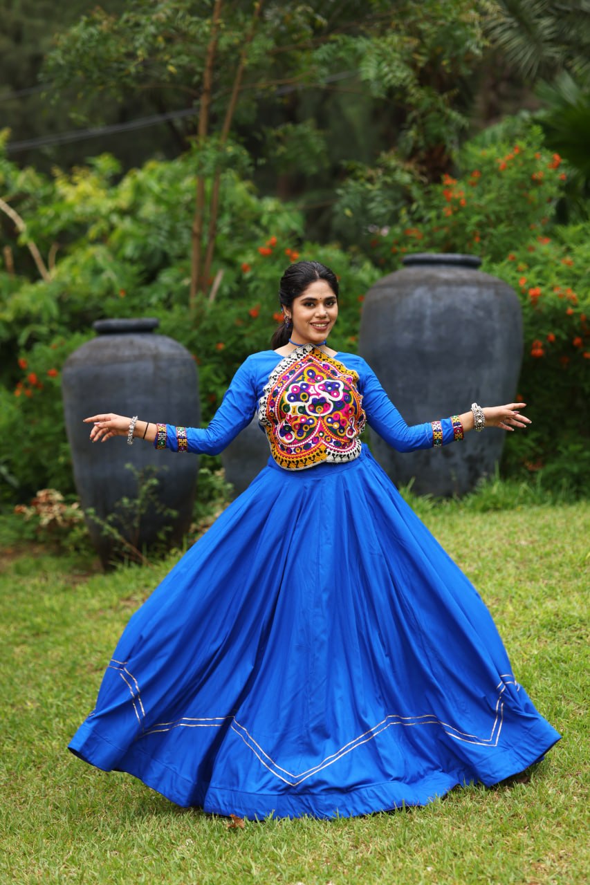 Women's Royal Blue Rayon Cotton Lehenga Choli with Kutchi Patch Work &amp; Mirror Work | Navratri Garba Dress