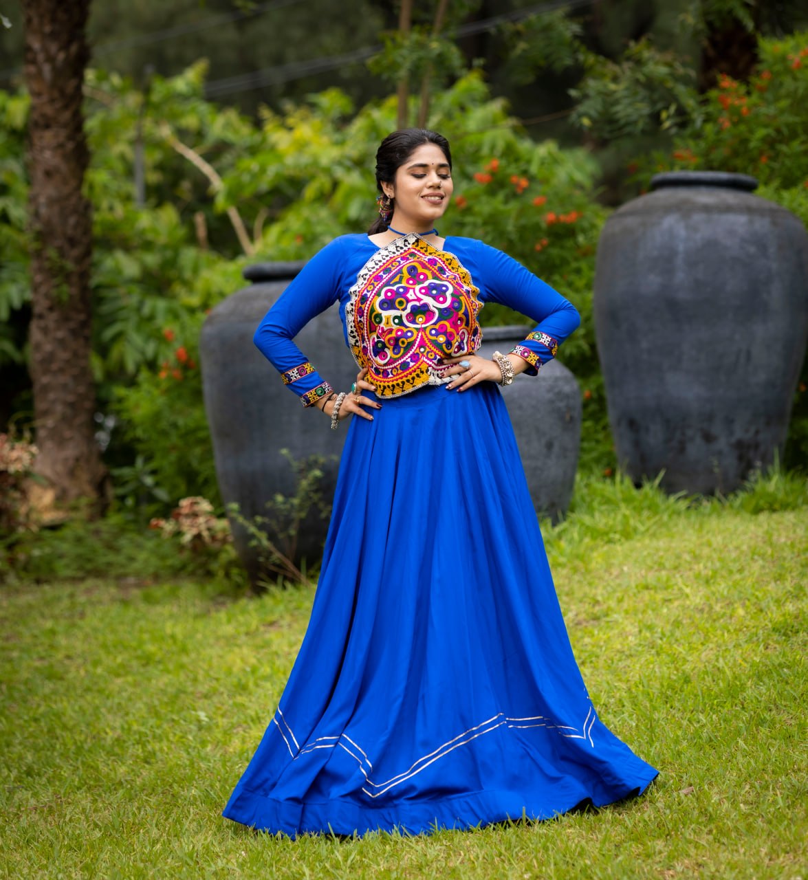 Women's Royal Blue Rayon Cotton Lehenga Choli with Kutchi Patch Work &amp; Mirror Work | Navratri Garba Dress