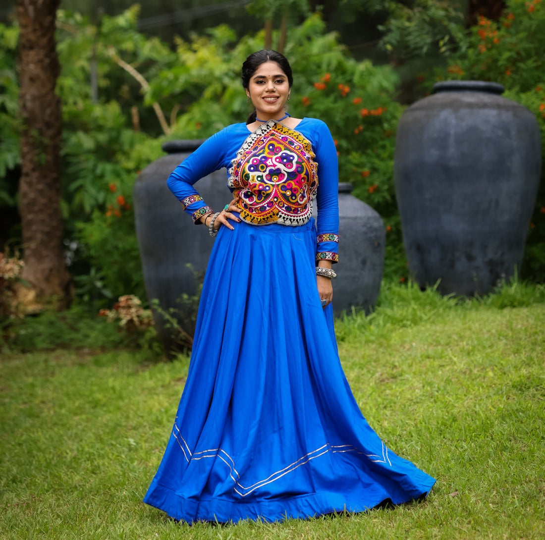 Women's Royal Blue Rayon Cotton Lehenga Choli with Kutchi Patch Work &amp; Mirror Work | Navratri Garba Dress
