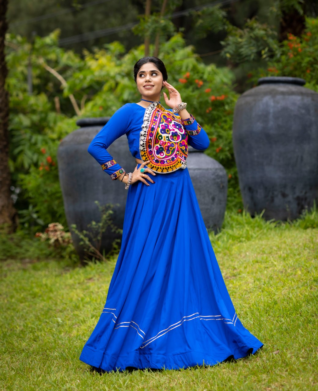 Women's Royal Blue Rayon Cotton Lehenga Choli with Kutchi Patch Work &amp; Mirror Work | Navratri Garba Dress