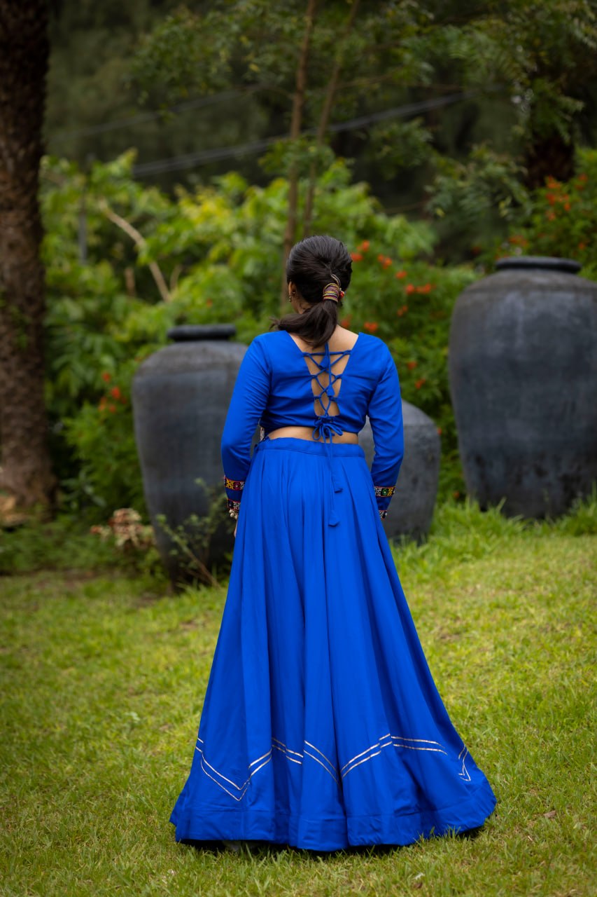 Women's Royal Blue Rayon Cotton Lehenga Choli with Kutchi Patch Work &amp; Mirror Work | Navratri Garba Dress
