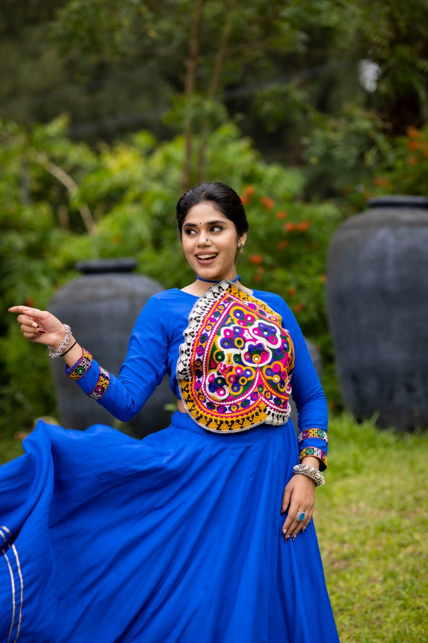Women's Royal Blue Rayon Cotton Lehenga Choli with Kutchi Patch Work &amp; Mirror Work | Navratri Garba Dress