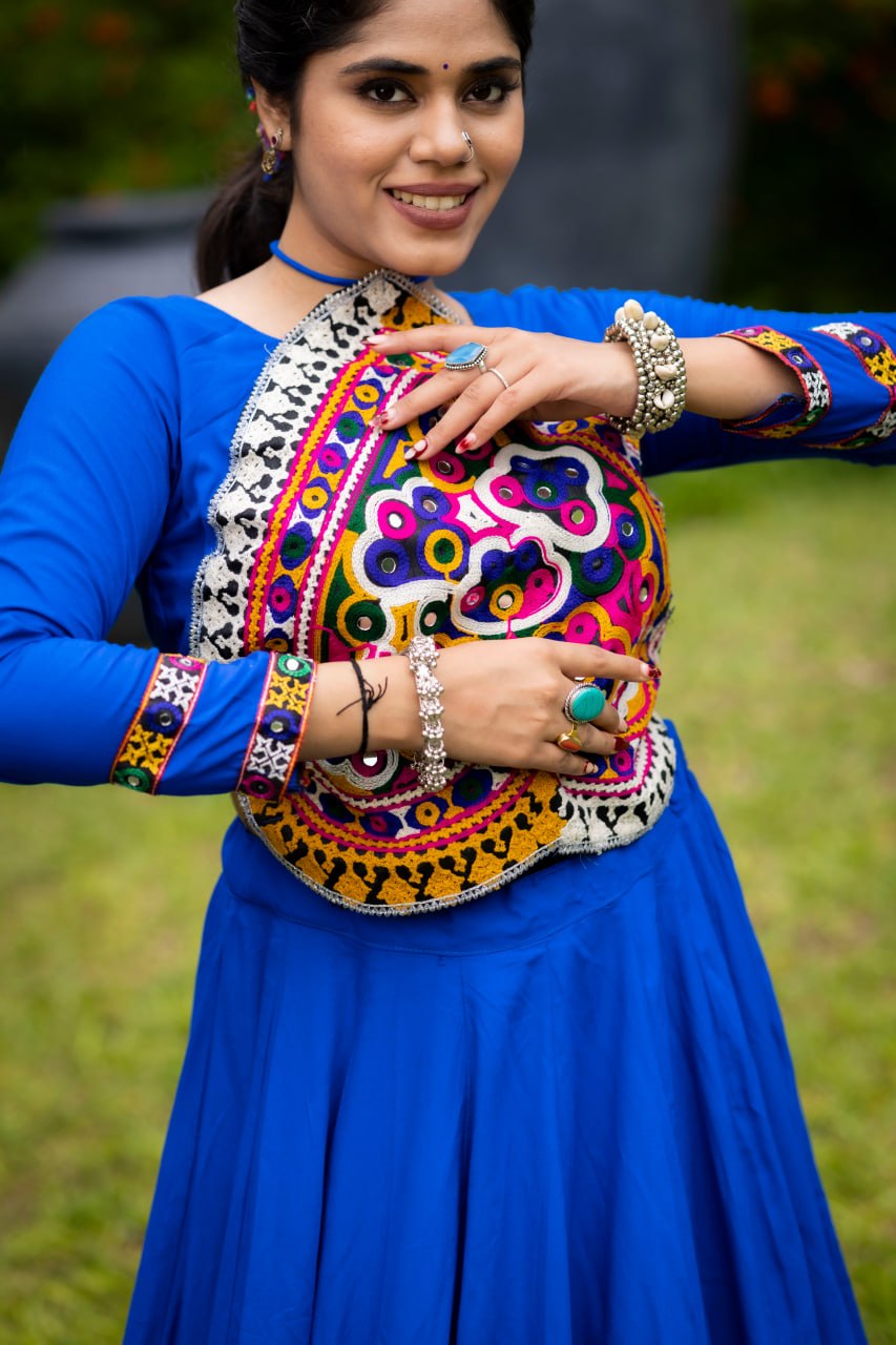 Women's Royal Blue Rayon Cotton Lehenga Choli with Kutchi Patch Work &amp; Mirror Work | Navratri Garba Dress