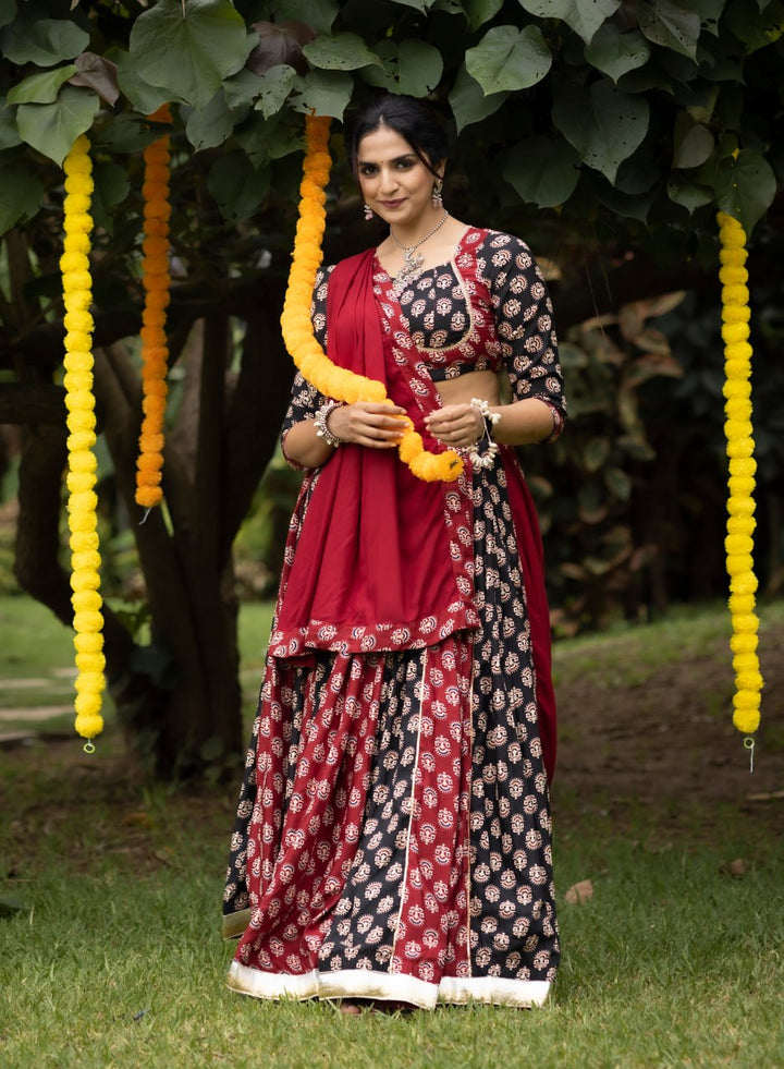 Women's Ajrakh Print Rayon Cotton Lehenga Choli with Dupatta | Fully Stitched Navratri Garba Dress