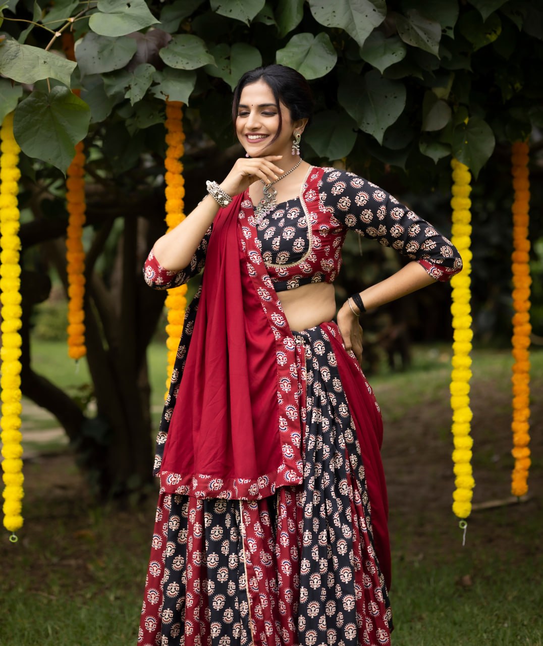 Women's Ajrakh Print Rayon Cotton Lehenga Choli with Dupatta | Fully Stitched Navratri Garba Dress