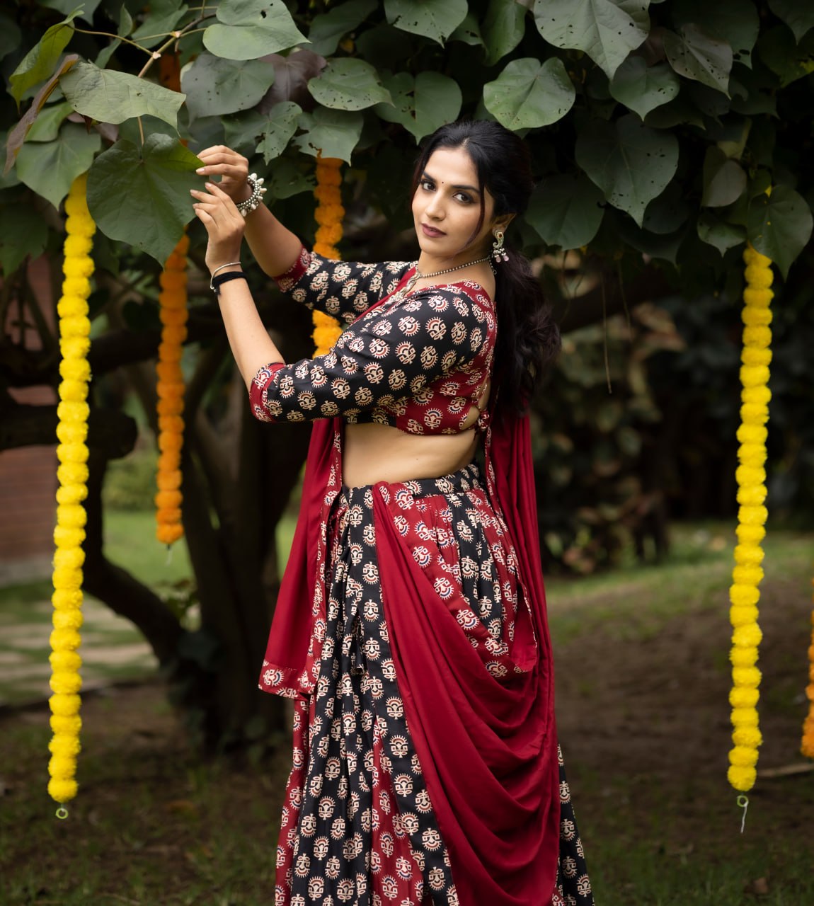 Women's Ajrakh Print Rayon Cotton Lehenga Choli with Dupatta | Fully Stitched Navratri Garba Dress