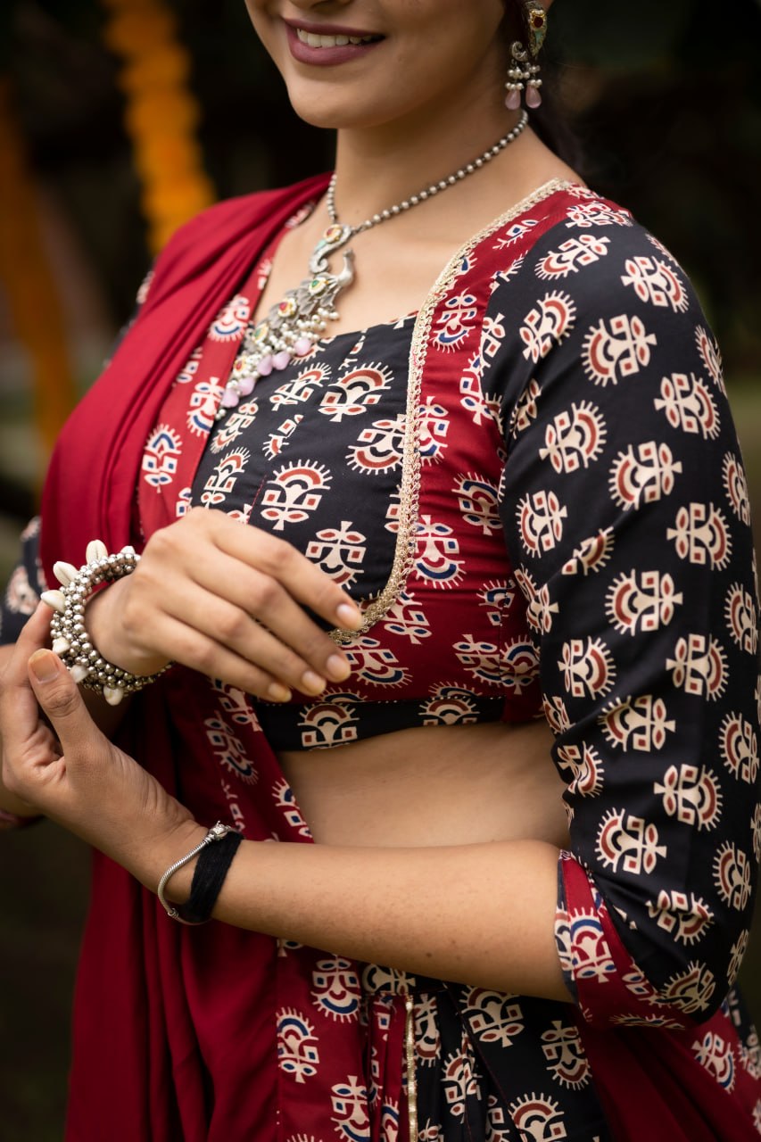 Women's Ajrakh Print Rayon Cotton Lehenga Choli with Dupatta | Fully Stitched Navratri Garba Dress
