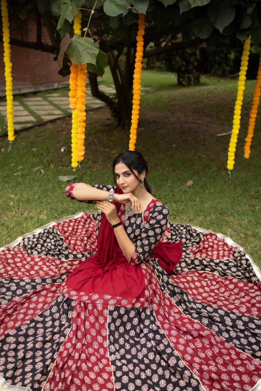 Women's Ajrakh Print Rayon Cotton Lehenga Choli with Dupatta | Fully Stitched Navratri Garba Dress