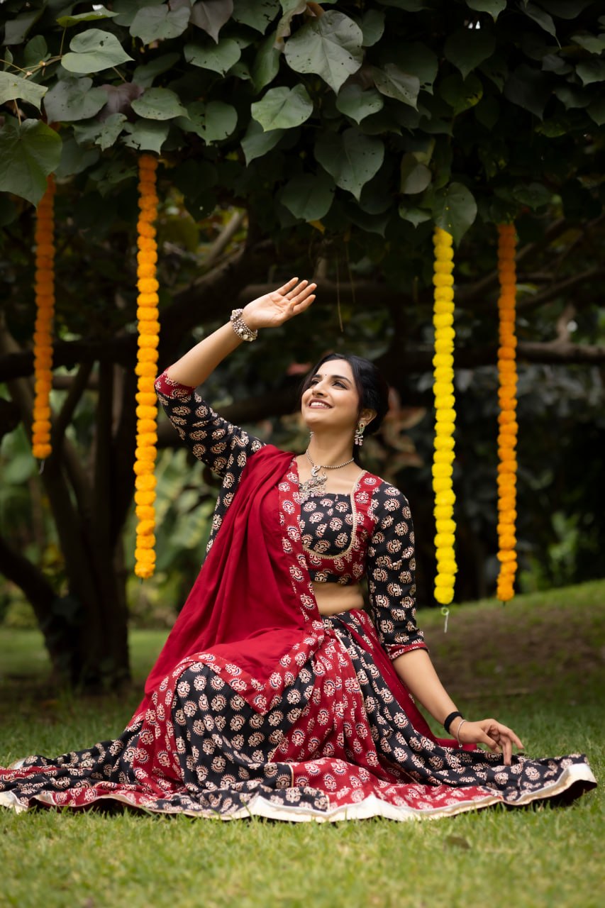 Women's Ajrakh Print Rayon Cotton Lehenga Choli with Dupatta | Fully Stitched Navratri Garba Dress
