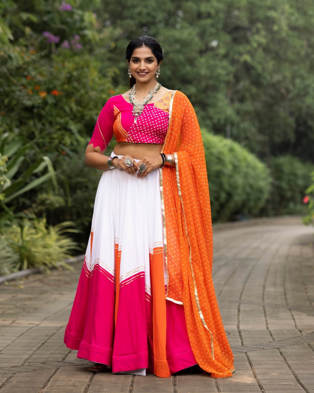 Women's White Orange Cherry Pink Rayon Cotton Chaniya Choli with Leheriya Dupatta | Navratri, Garba & Festive Wear