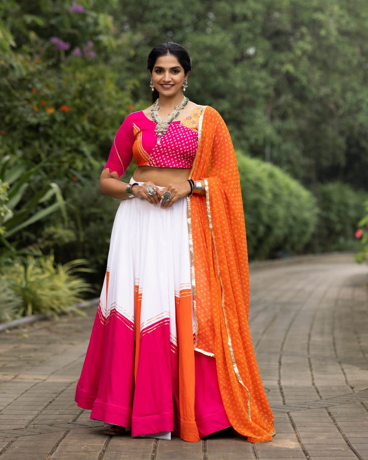 Women's White Orange Cherry Pink Rayon Cotton Chaniya Choli with Leheriya Dupatta | Navratri, Garba & Festive Wear