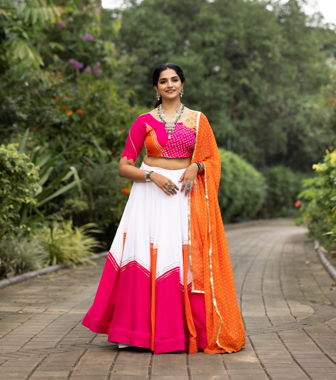 Women's White Orange Cherry Pink Rayon Cotton Chaniya Choli with Leheriya Dupatta | Navratri, Garba & Festive Wear