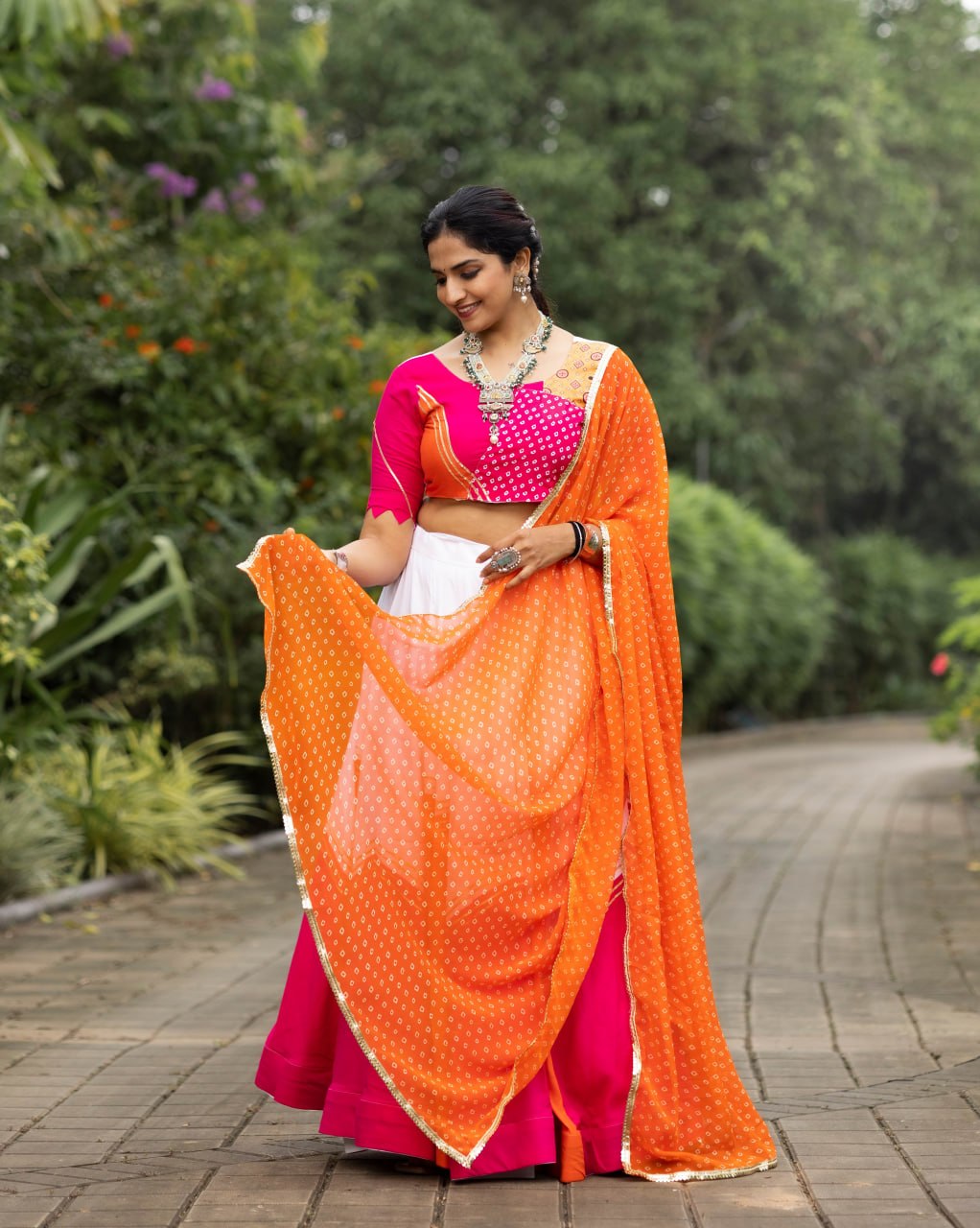 Women's White Orange Cherry Pink Rayon Cotton Chaniya Choli with Leheriya Dupatta | Navratri, Garba & Festive Wear