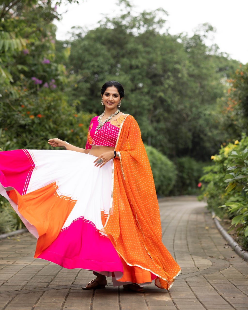 Women's White Orange Cherry Pink Rayon Cotton Chaniya Choli with Leheriya Dupatta | Navratri, Garba & Festive Wear