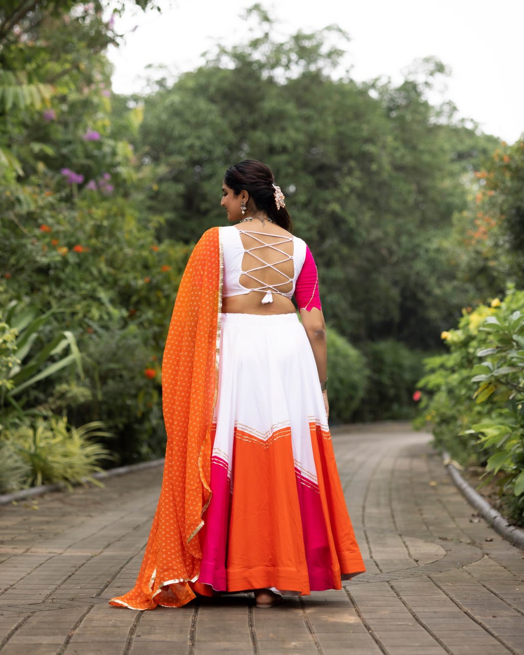 Women's White Orange Cherry Pink Rayon Cotton Chaniya Choli with Leheriya Dupatta | Navratri, Garba & Festive Wear