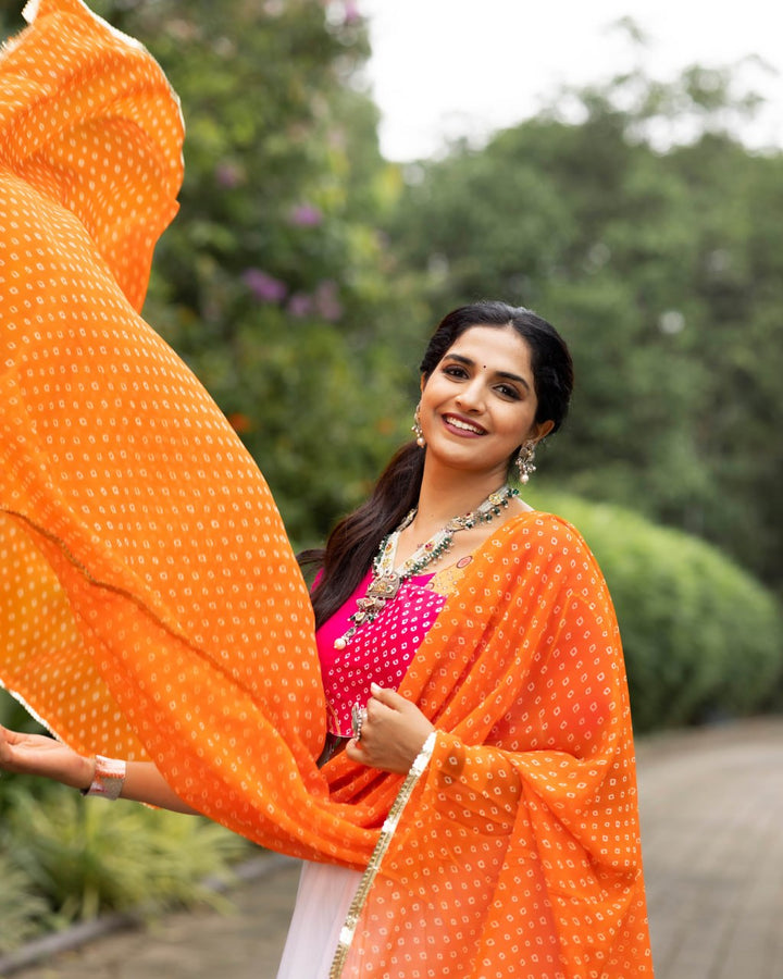 Women's White Orange Cherry Pink Rayon Cotton Chaniya Choli with Leheriya Dupatta | Navratri, Garba & Festive Wear