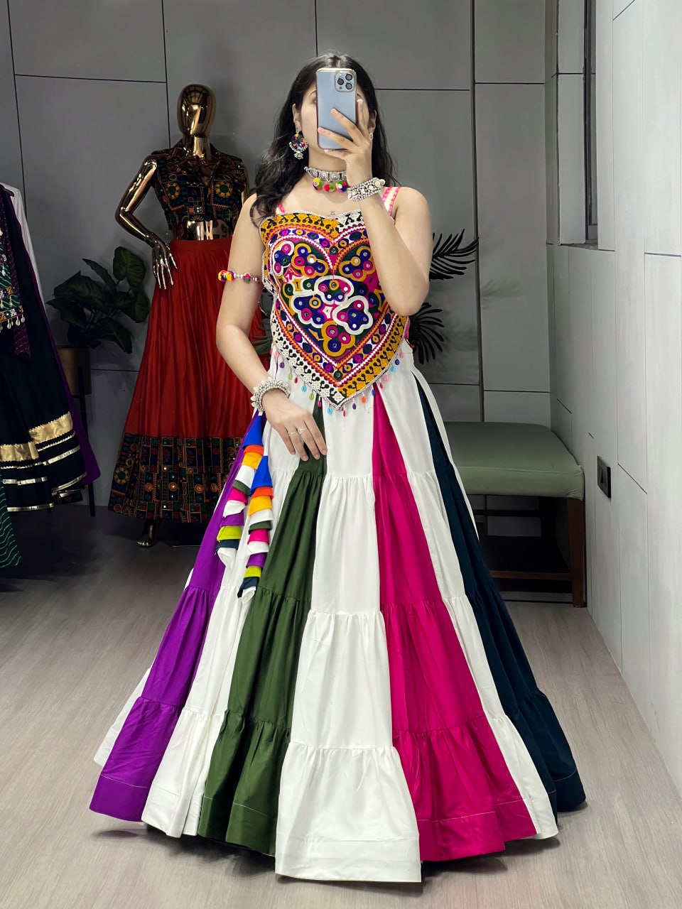 Multicolor Navratri Lehenga Choli Set with Kutchi Mirror Work Blouse | Rayon Cotton Garba Chaniya Choli