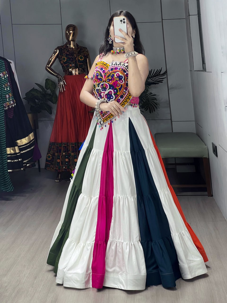 Multicolor Navratri Lehenga Choli Set with Kutchi Mirror Work Blouse | Rayon Cotton Garba Chaniya Choli