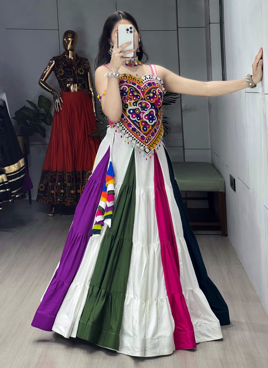Multicolor Navratri Lehenga Choli Set with Kutchi Mirror Work Blouse | Rayon Cotton Garba Chaniya Choli