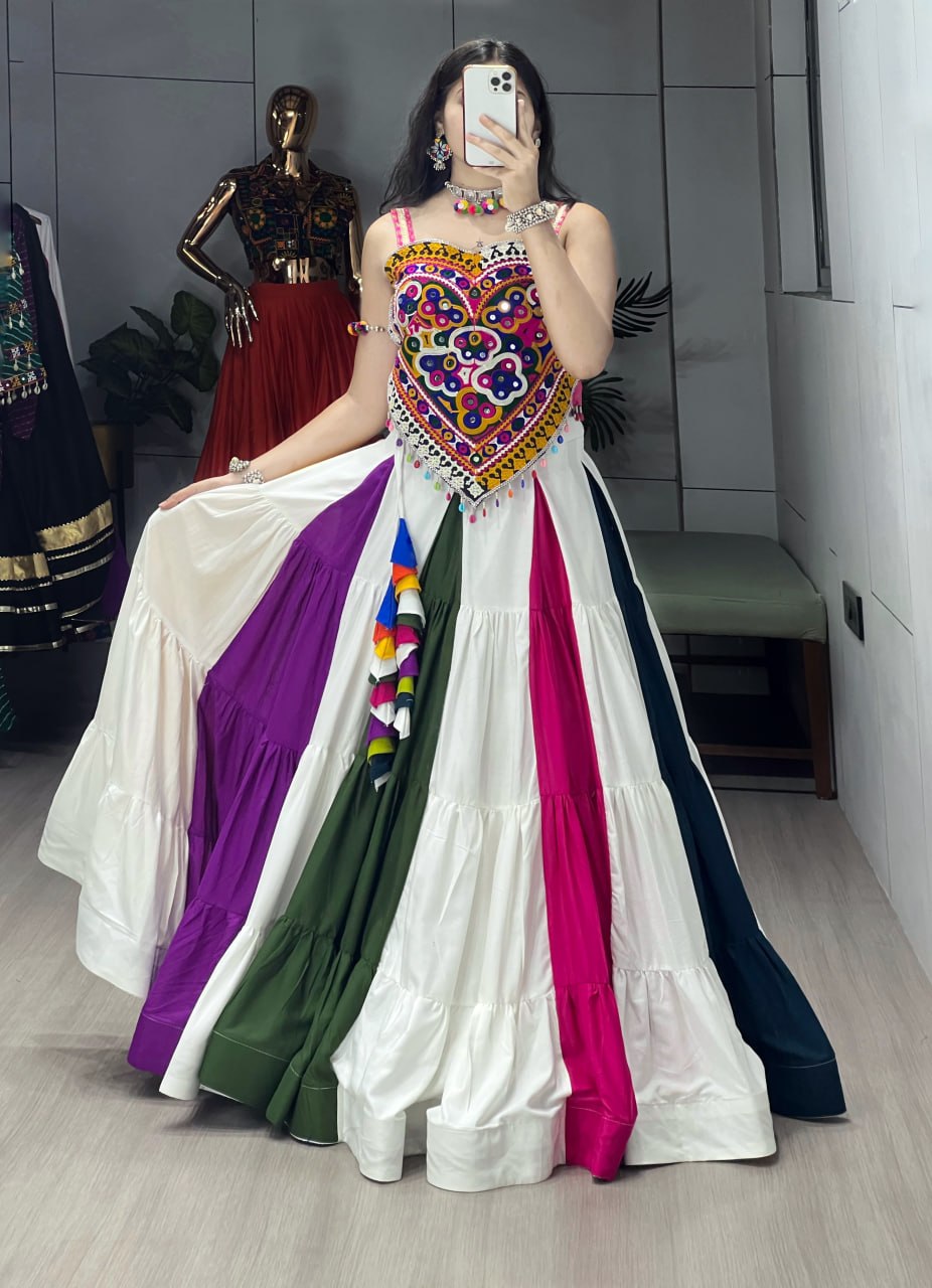 Multicolor Navratri Lehenga Choli Set with Kutchi Mirror Work Blouse | Rayon Cotton Garba Chaniya Choli