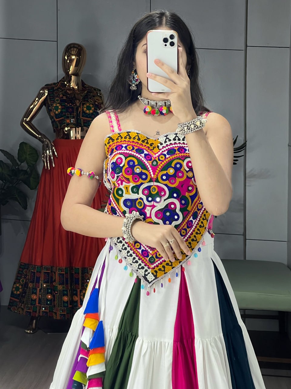 Multicolor Navratri Lehenga Choli Set with Kutchi Mirror Work Blouse | Rayon Cotton Garba Chaniya Choli