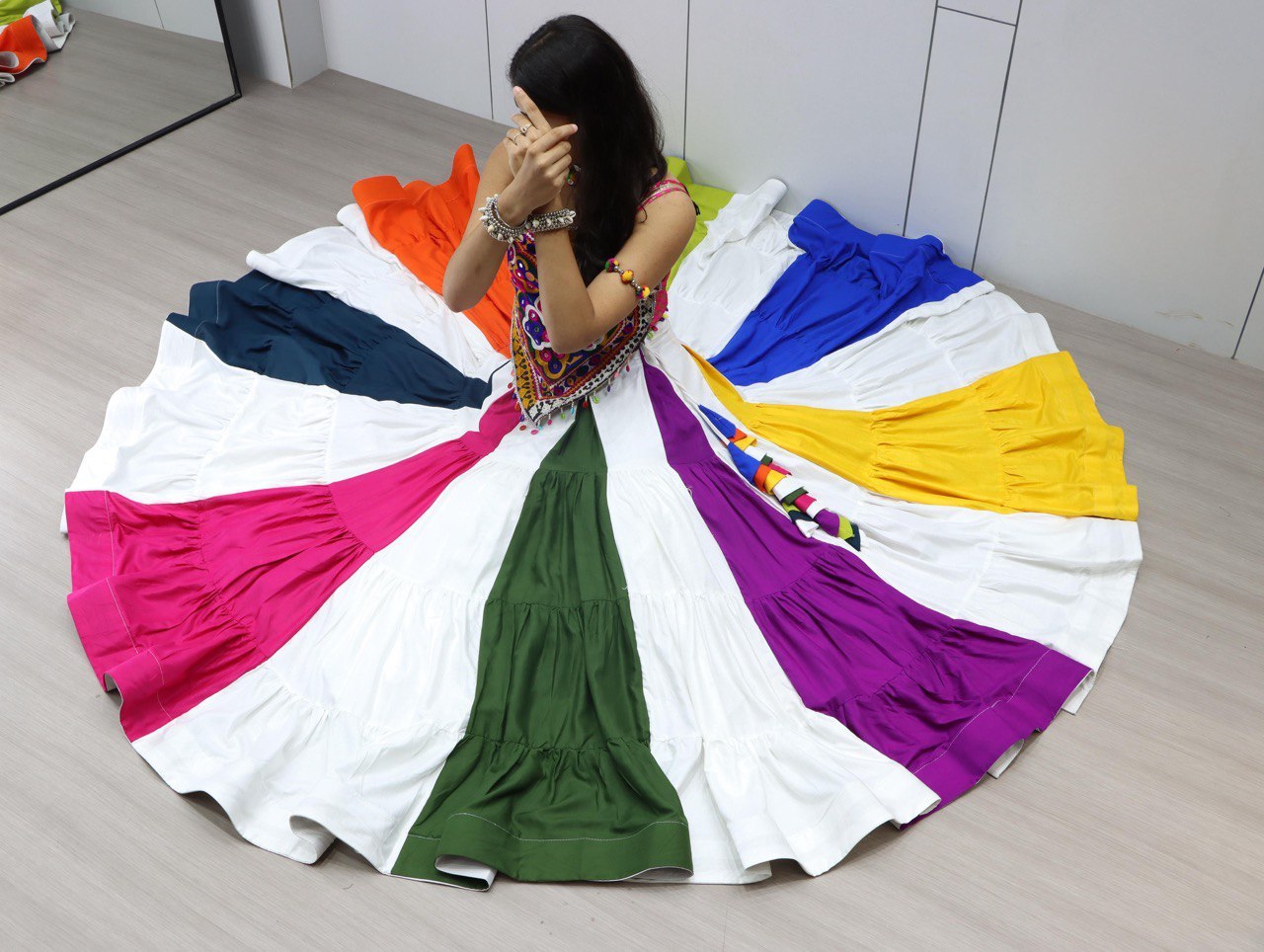 Multicolor Navratri Lehenga Choli Set with Kutchi Mirror Work Blouse | Rayon Cotton Garba Chaniya Choli