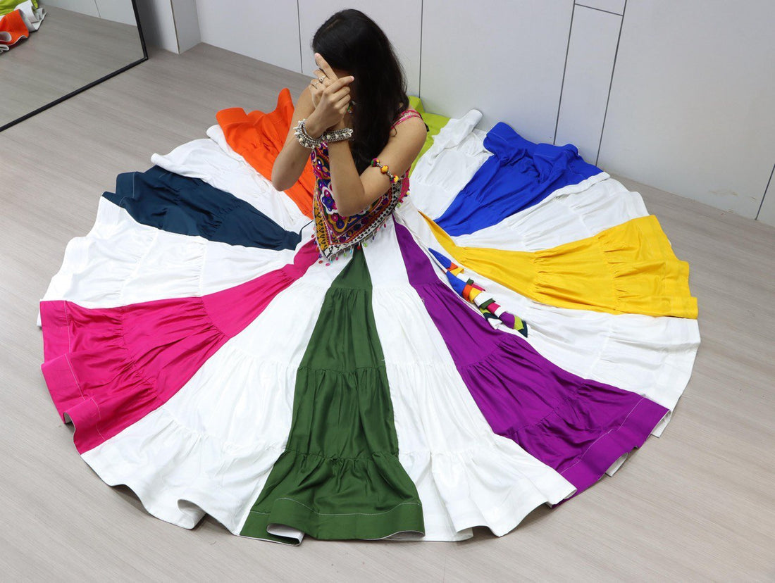 Multicolor Navratri Lehenga Choli Set with Kutchi Mirror Work Blouse | Rayon Cotton Garba Chaniya Choli