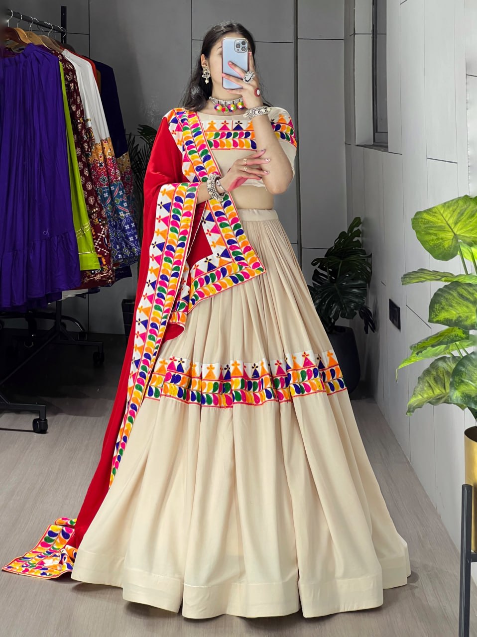 Cream Rayon Cotton Navratri Chaniya Choli with Gamthi Work & Red Kutchi Dupatta | Designer Garba Lehenga Set