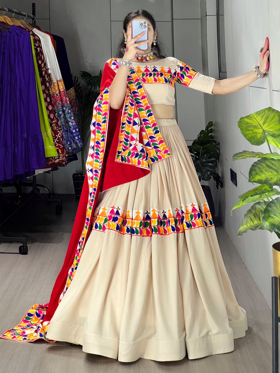 Cream Rayon Cotton Navratri Chaniya Choli with Gamthi Work & Red Kutchi Dupatta | Designer Garba Lehenga Set