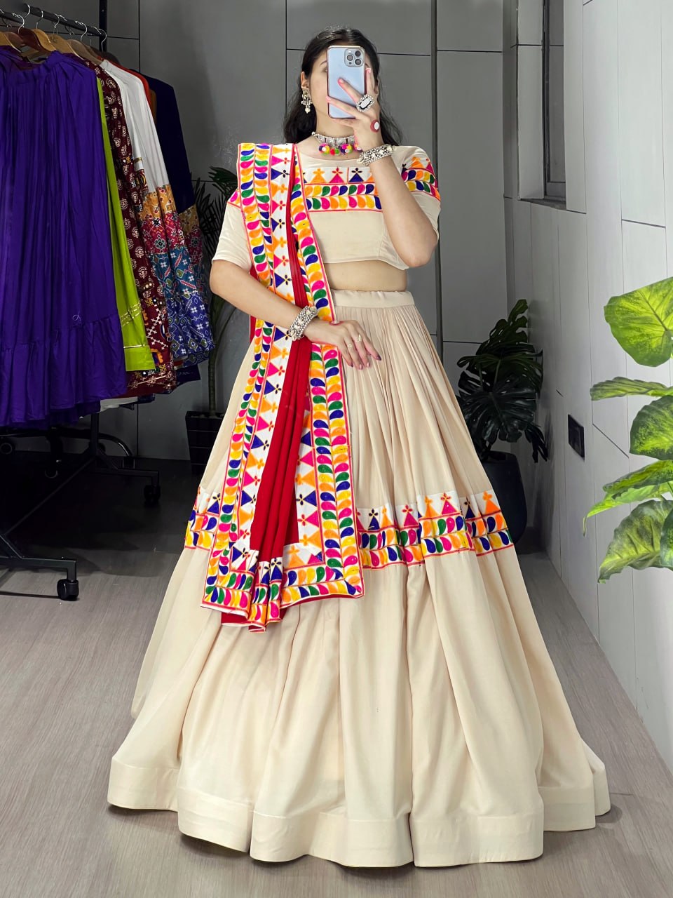 Cream Rayon Cotton Navratri Chaniya Choli with Gamthi Work & Red Kutchi Dupatta | Designer Garba Lehenga Set